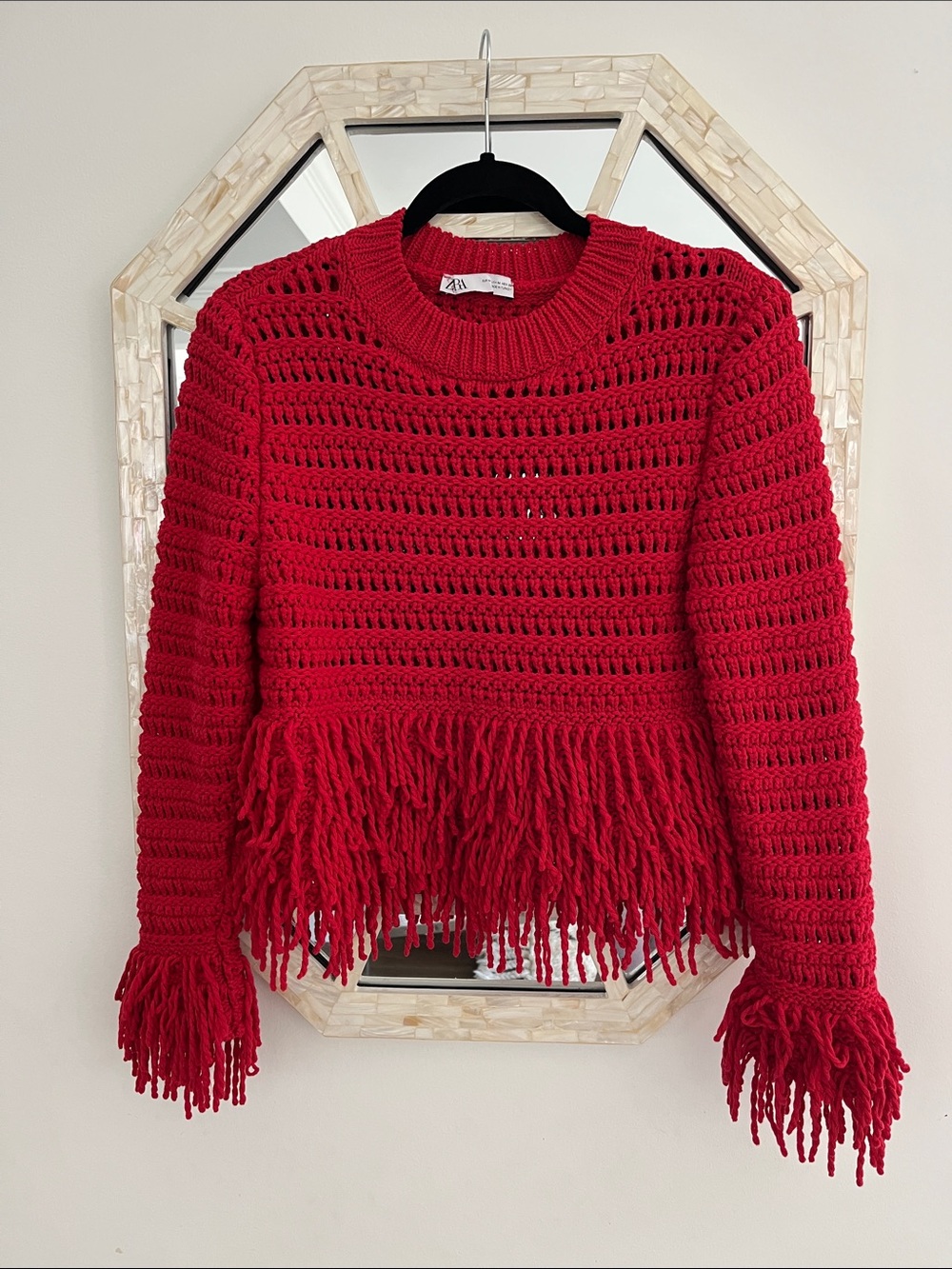Zara Bright Red Crochet Fringe Crewneck Sweater
